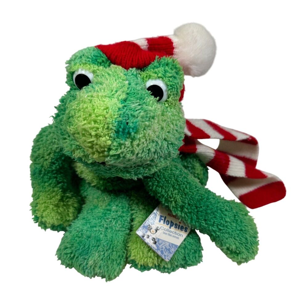 Aurora Flopsies Collection Green Frog Black Spots Bean Plush Stuffed Animal 13"